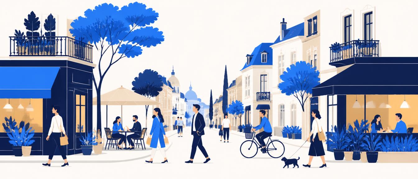 Illustration of a vibrant, balanced commercial street with people, storefronts and cafes