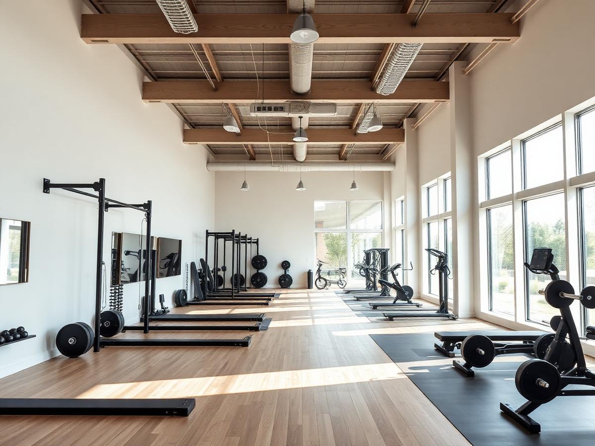 Interior of a modern gym with open training floor and natural light
