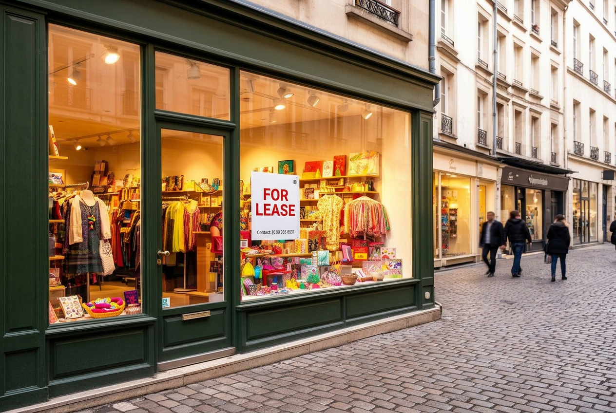 Vacant retail storefront with a For Lease sign on a European shopping street