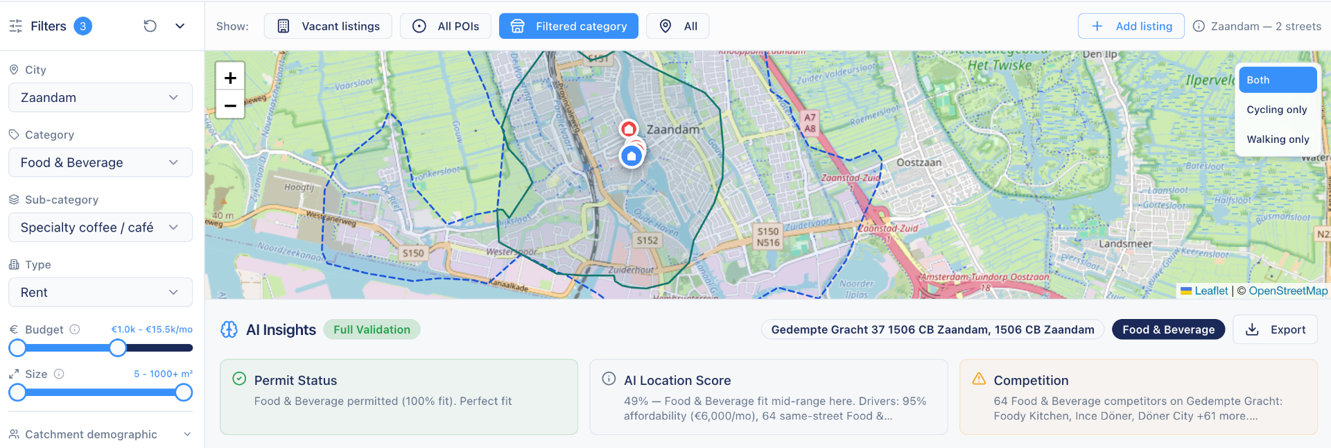 Catchment demand scoring for a gym location including cycling isochrones and resident density